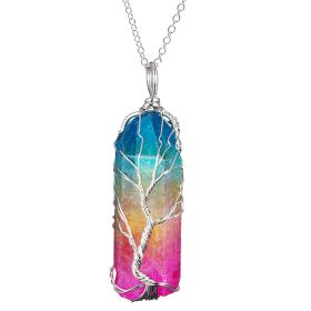 Colorful Crystal Column Wrapped Copper Wire Tree of Life Rainbow Color Pendant Jewelry Necklace