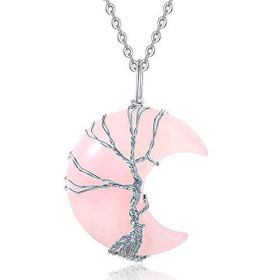 Tree of Life Wire Wrapped Crescent Moon Pendant Necklace;  Crystal Stone Necklaces (Color: Pink)