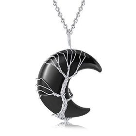 Tree of Life Wire Wrapped Crescent Moon Pendant Necklace;  Crystal Stone Necklaces (Color: Black)