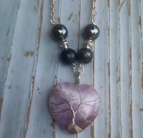 EMF 5G Shielding Crystal Heart Shungite Hematite Black Tourmaline Necklace (Material: Amethyst)